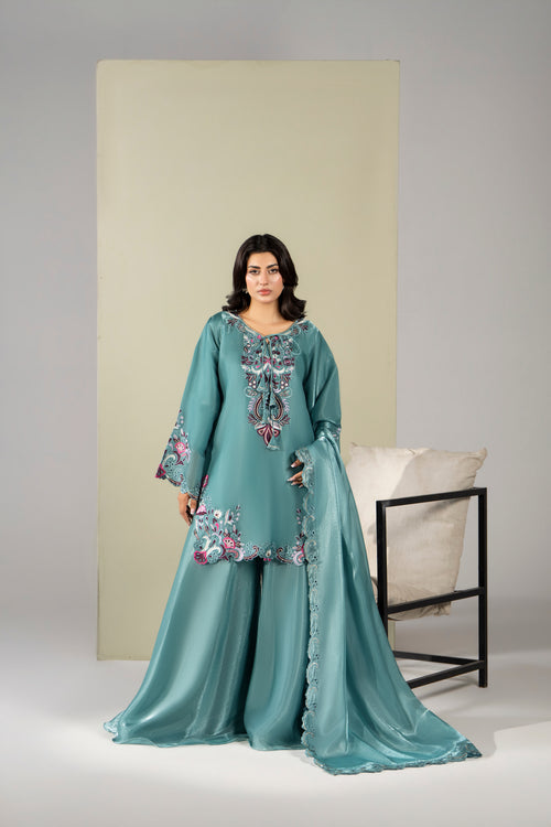 Teal floral festive embroidered 3 piece Pakistani suit with dupatta for women - photo 1