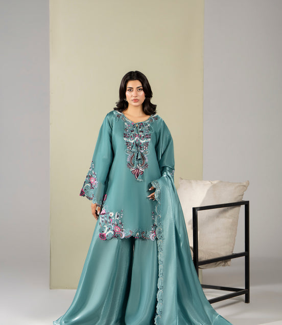 Teal floral festive embroidered 3 piece Pakistani suit with dupatta for women - photo 1