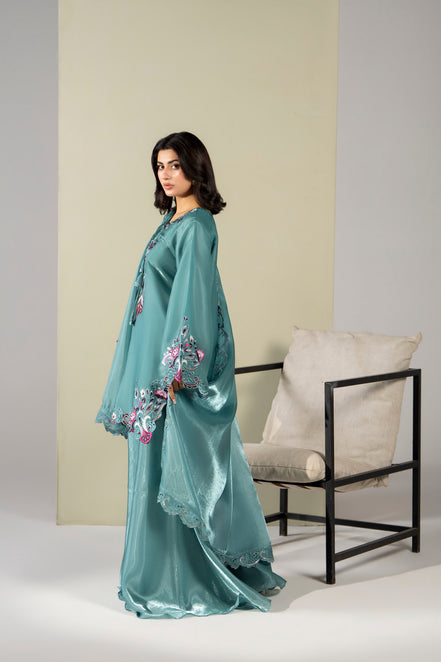 Teal floral festive embroidered 3 piece Pakistani suit with dupatta for women - photo 2