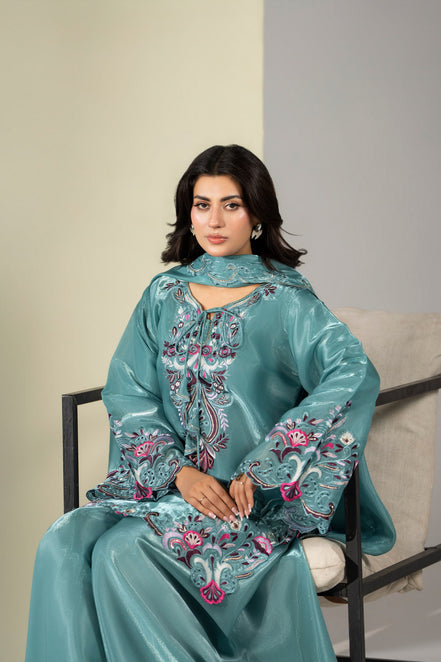 Teal floral festive embroidered 3 piece Pakistani suit with dupatta for women - photo 6