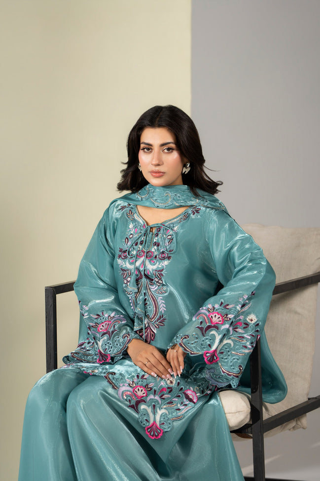 Teal floral festive embroidered 3 piece Pakistani suit with dupatta for women - photo 6