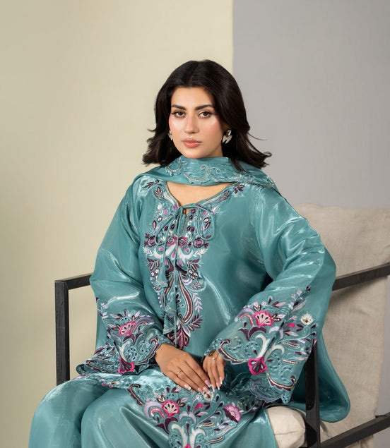 Teal floral festive embroidered 3 piece Pakistani suit with dupatta for women - photo 6